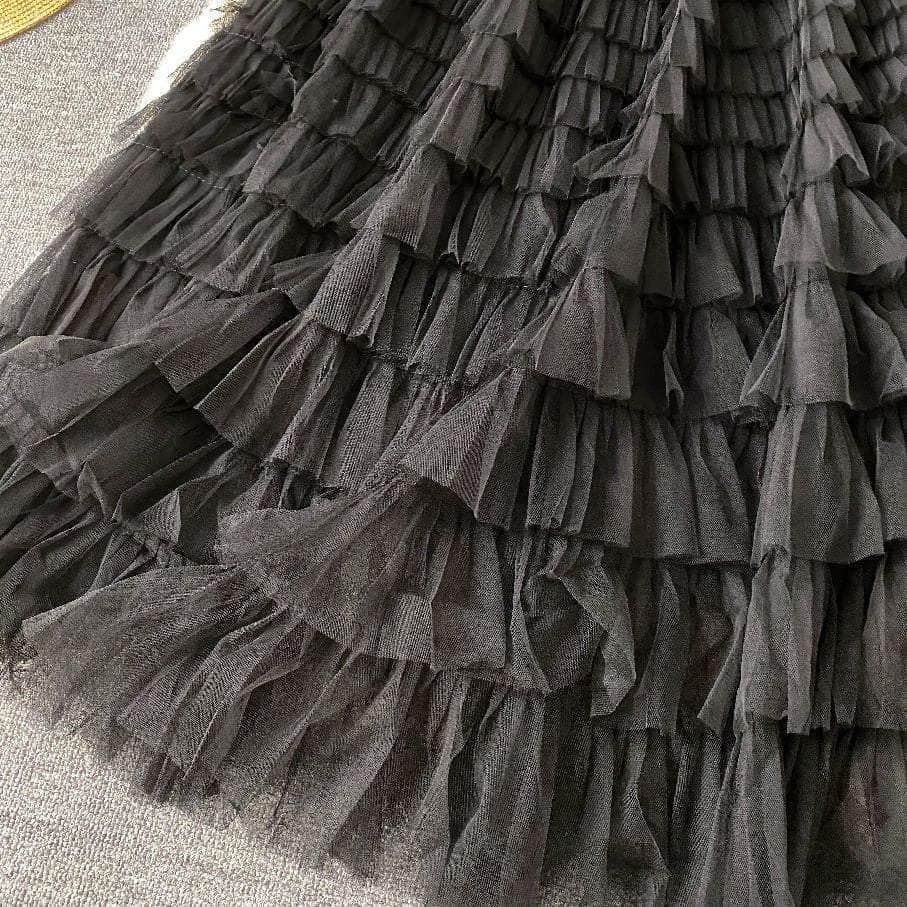 Ribbed Knit Round Neck Maxi Tulle Layered Dress