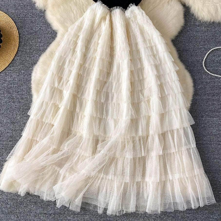 Ribbed Knit Round Neck Maxi Tulle Layered Dress