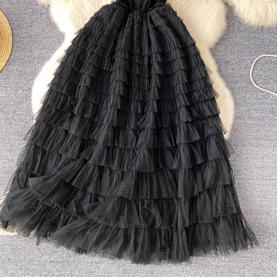 Ribbed Knit Round Neck Maxi Tulle Layered Dress