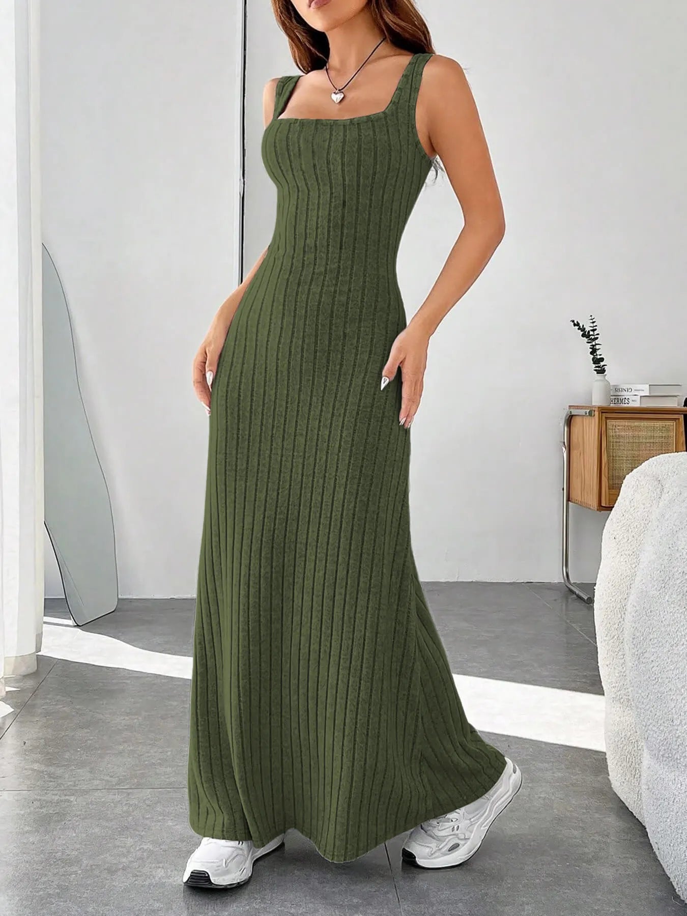 Ribbed Knit Square Neck Sleeveless Maxi Dress