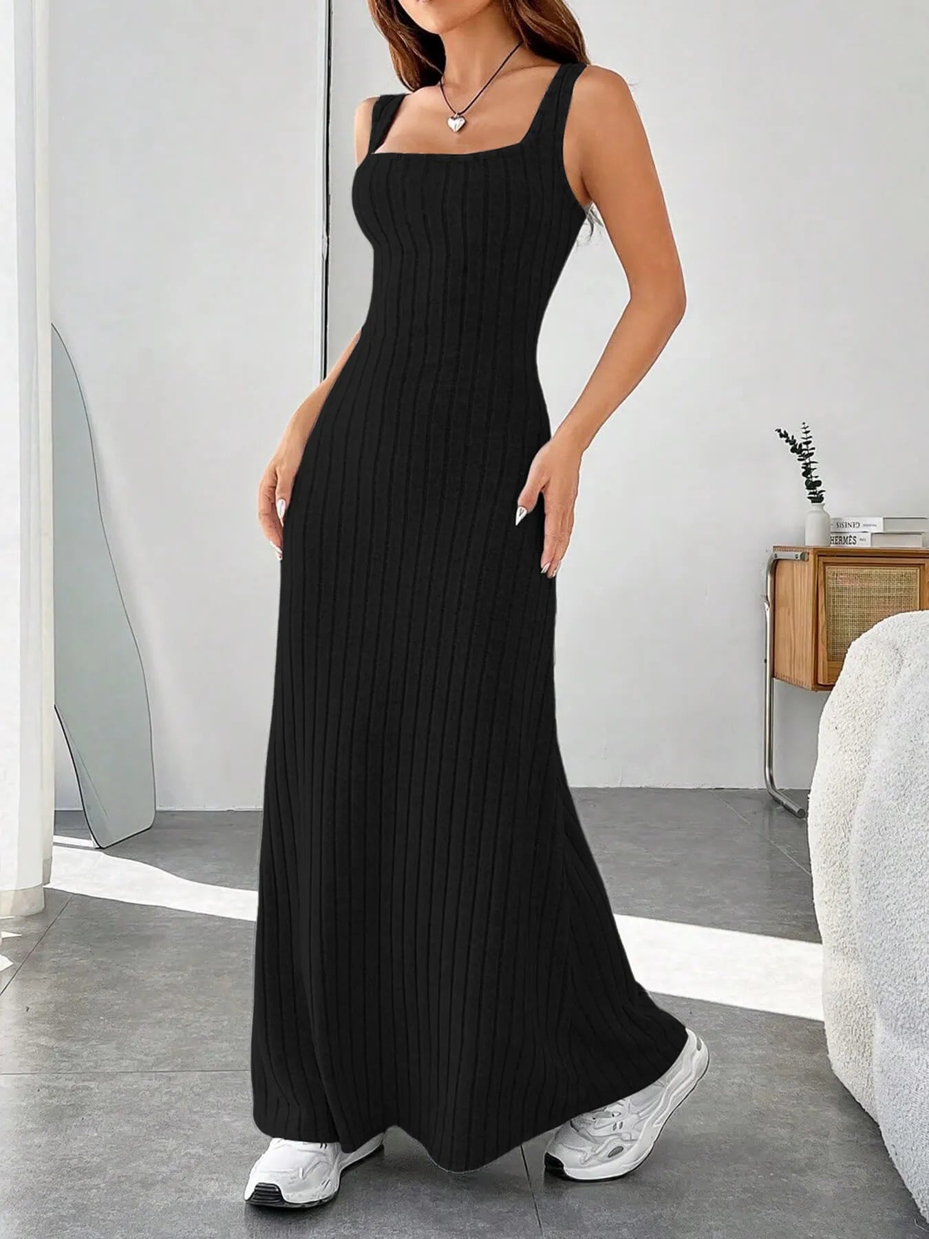 Ribbed Knit Square Neck Sleeveless Maxi Dress