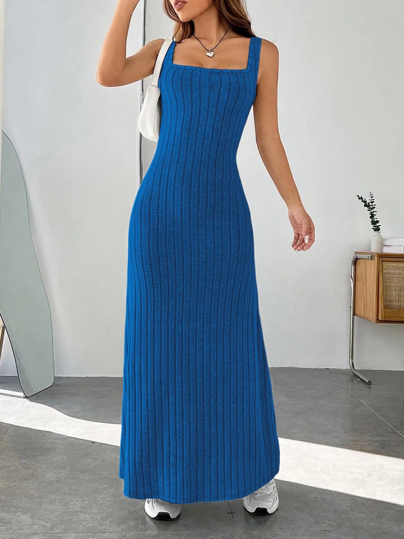 Ribbed Knit Square Neck Sleeveless Maxi Dress