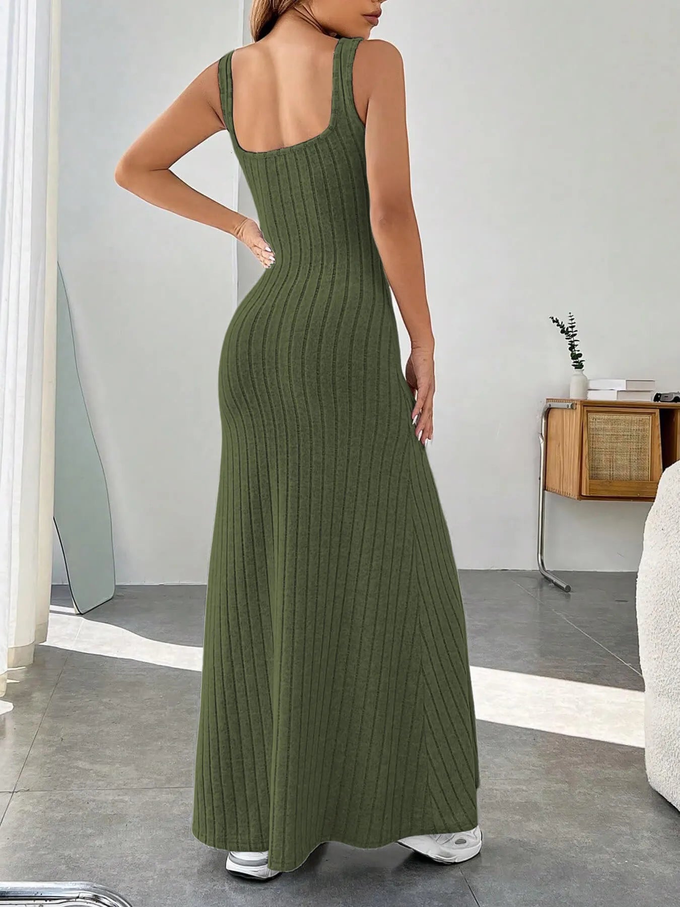 Ribbed Knit Square Neck Sleeveless Maxi Dress