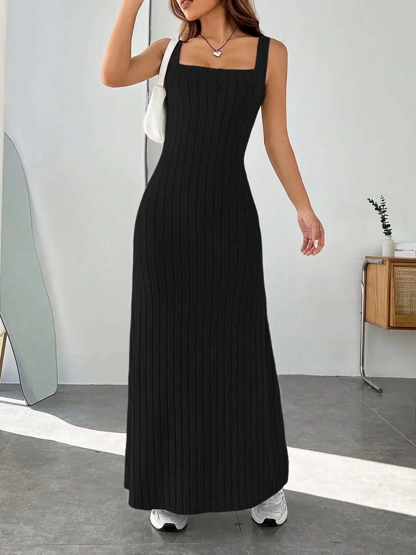 Ribbed Knit Square Neck Sleeveless Maxi Dress Black / S
