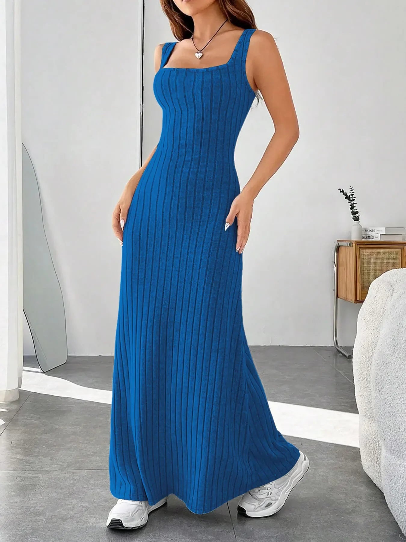 Ribbed Knit Square Neck Sleeveless Maxi Dress Royal Blue / S