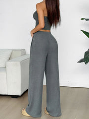 Ribbed Knit Strapless Crop Top and Pants Set