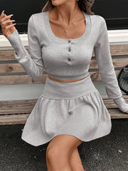 Ribbed Long Sleeve Top and Skirt Knit Set