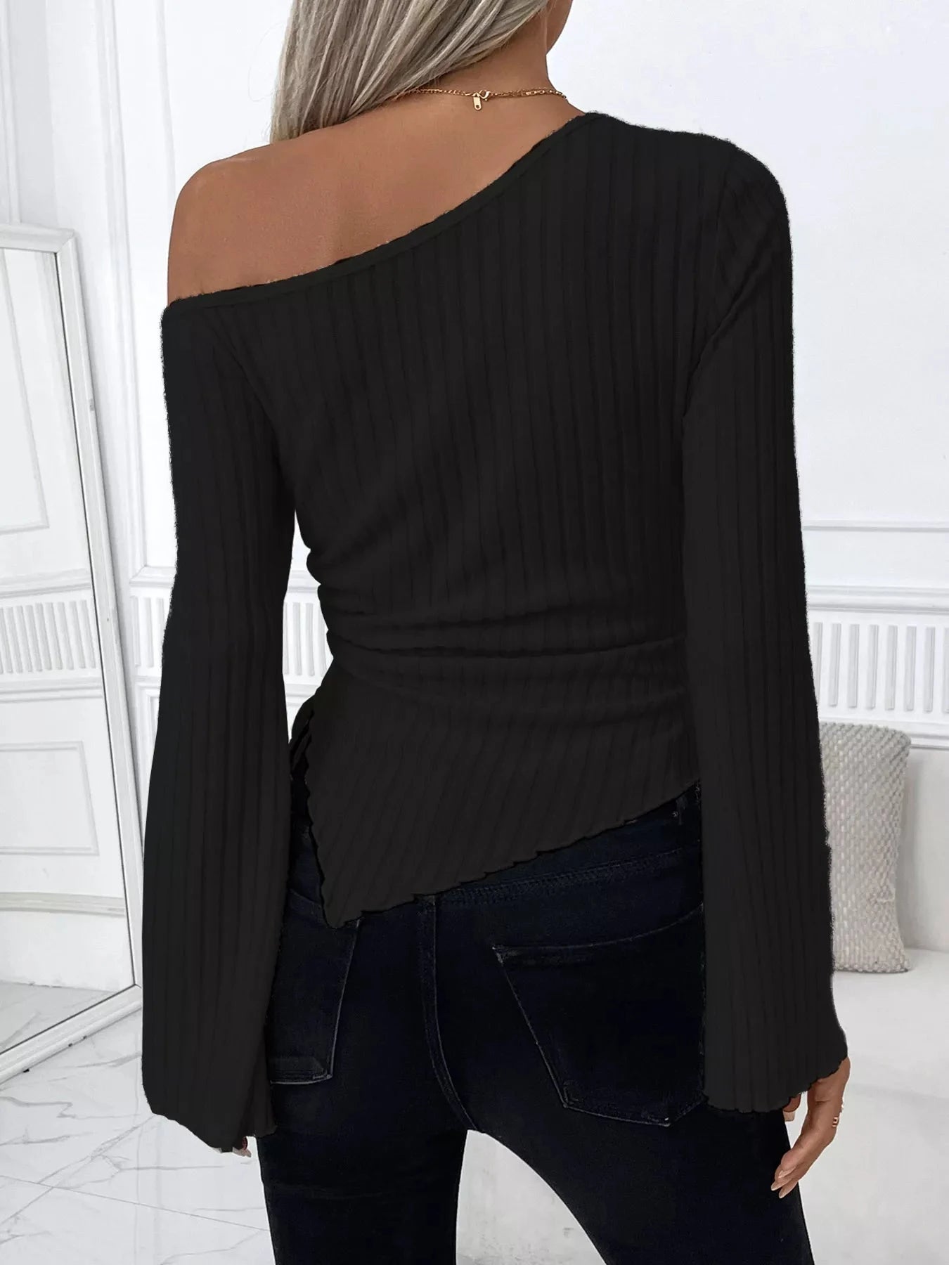 Ribbed One Shoulder Asymmetrical Hem T-Shirt