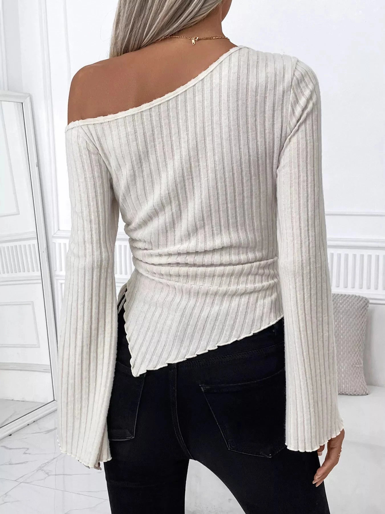 Ribbed One Shoulder Asymmetrical Hem T-Shirt