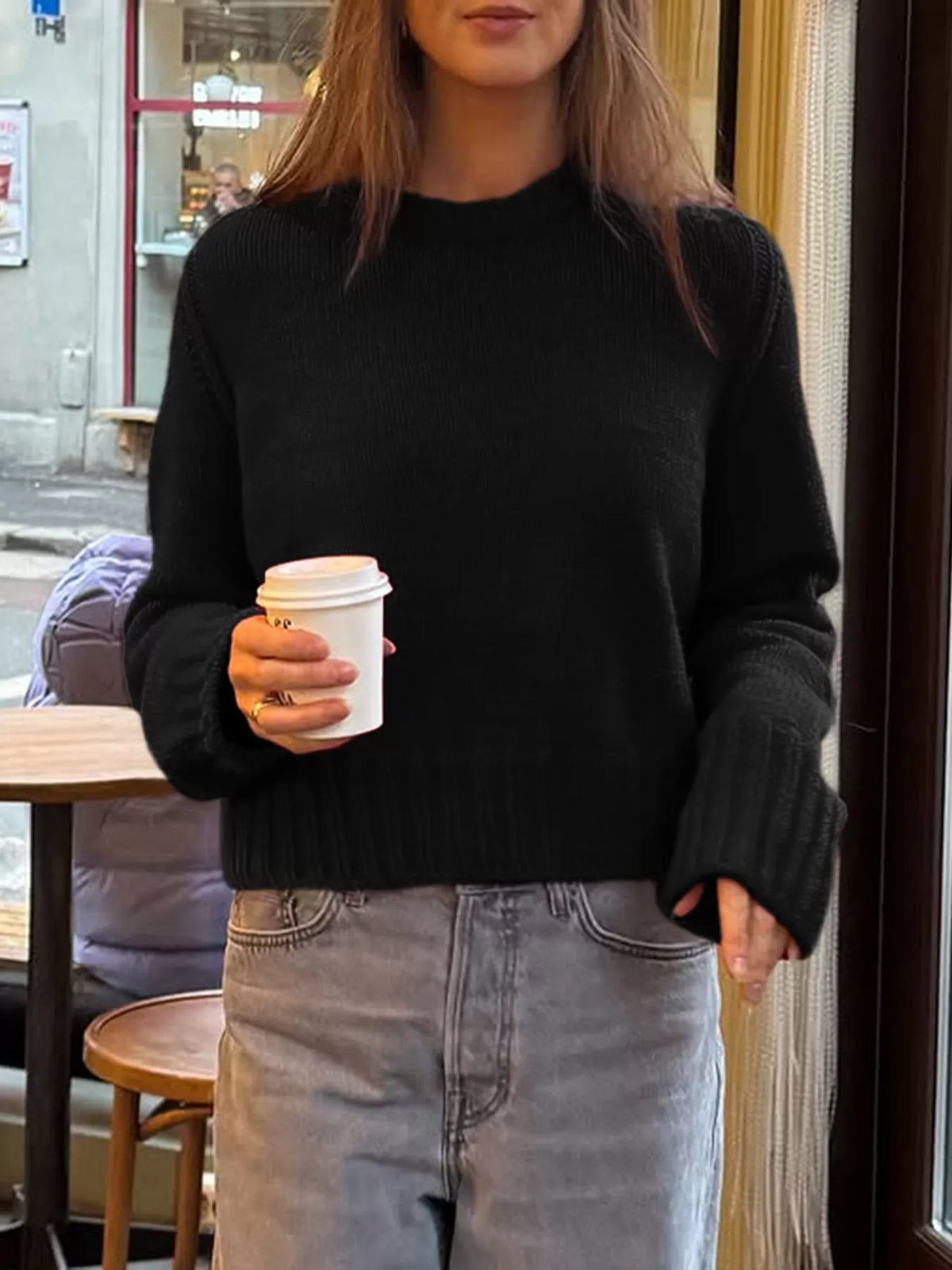 Ribbed Round Neck Sweater Black / S