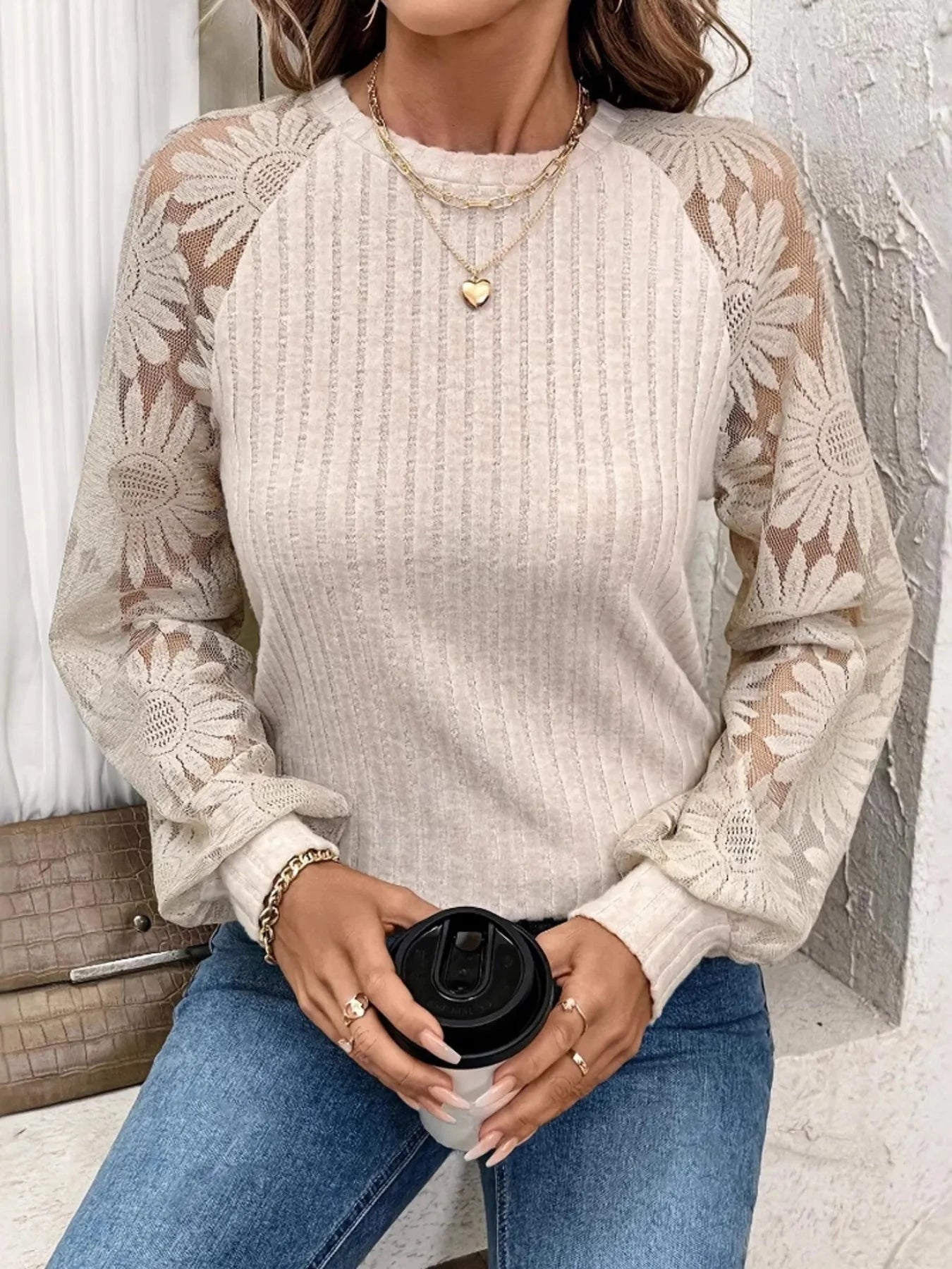 Ribbed Sheer Lace Sleeve Top Apricot / S