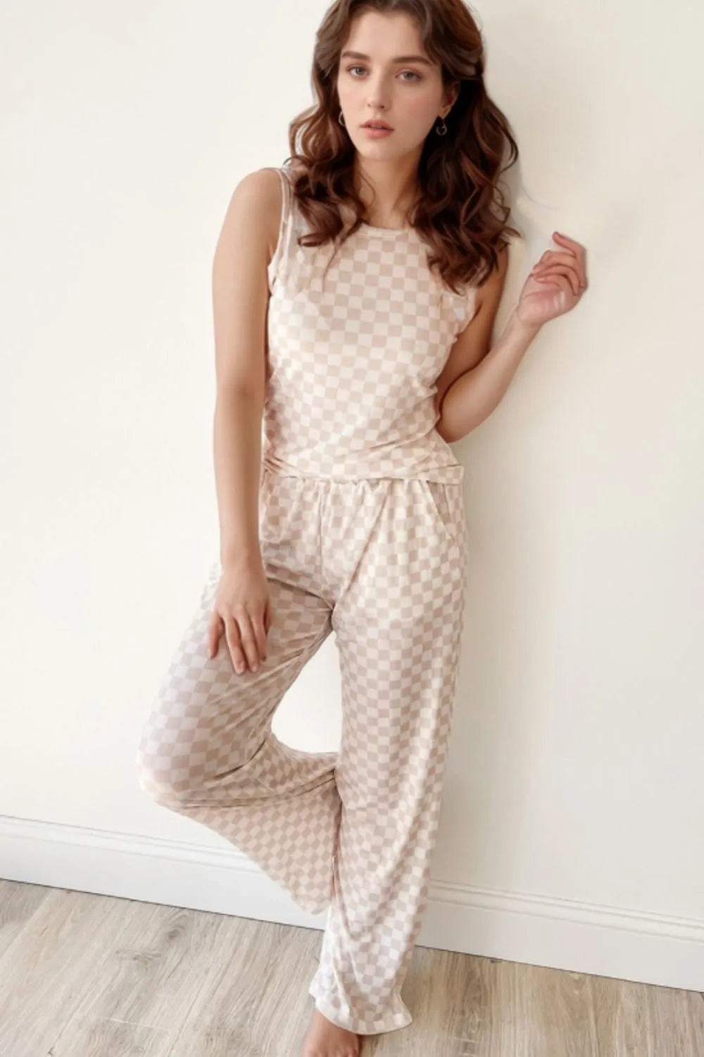 Ribbed Texture Checkered Print Tank and Pants Set Dust Storm / S