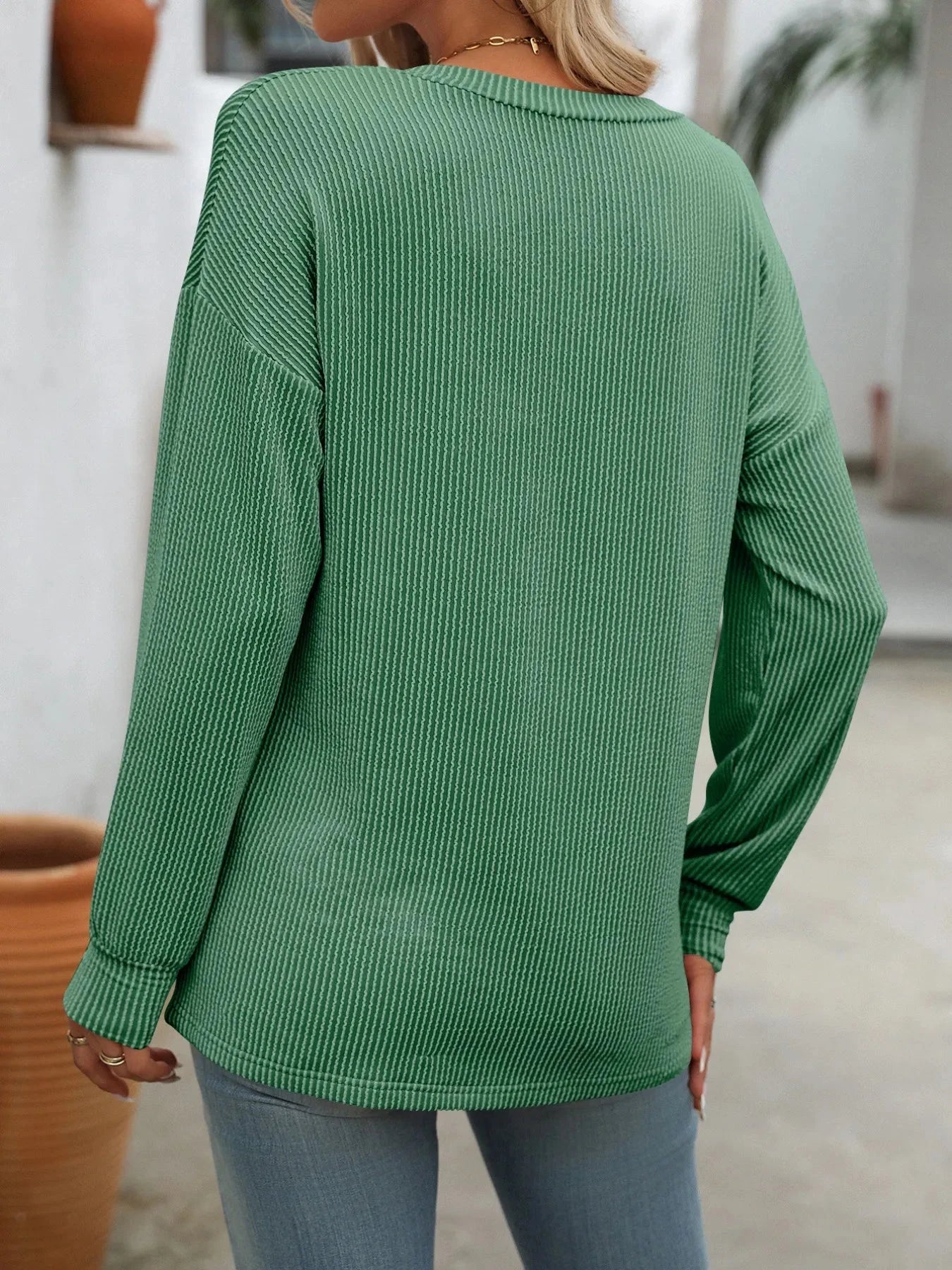 Ribbed V-Neck Long Sleeve T-Shirt