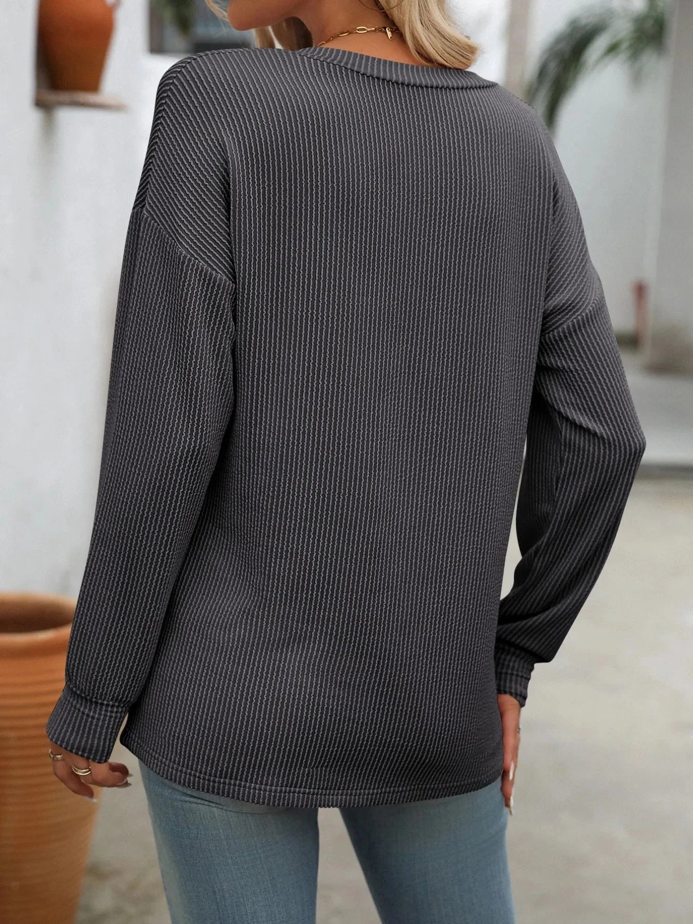 Ribbed V-Neck Long Sleeve T-Shirt