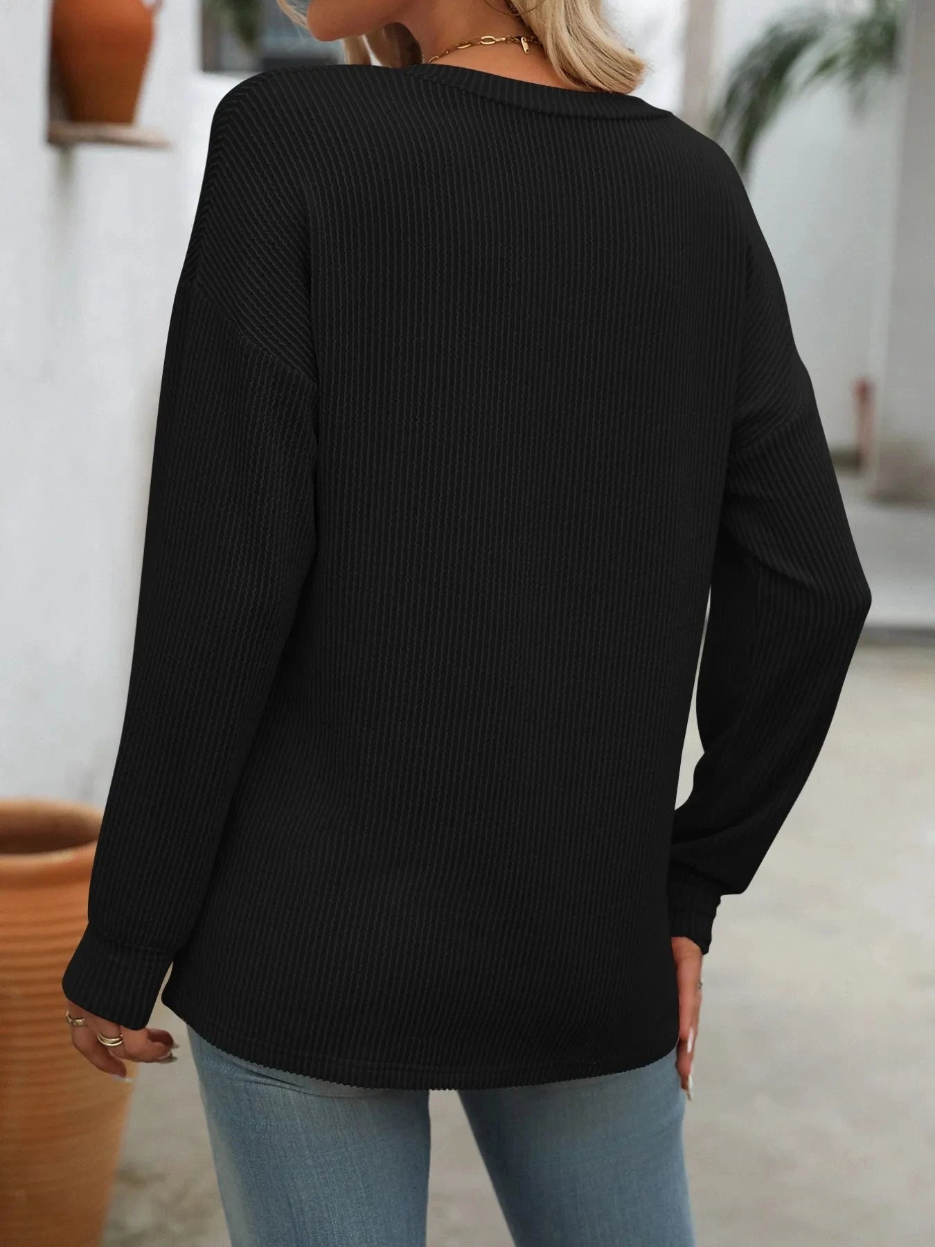 Ribbed V-Neck Long Sleeve T-Shirt