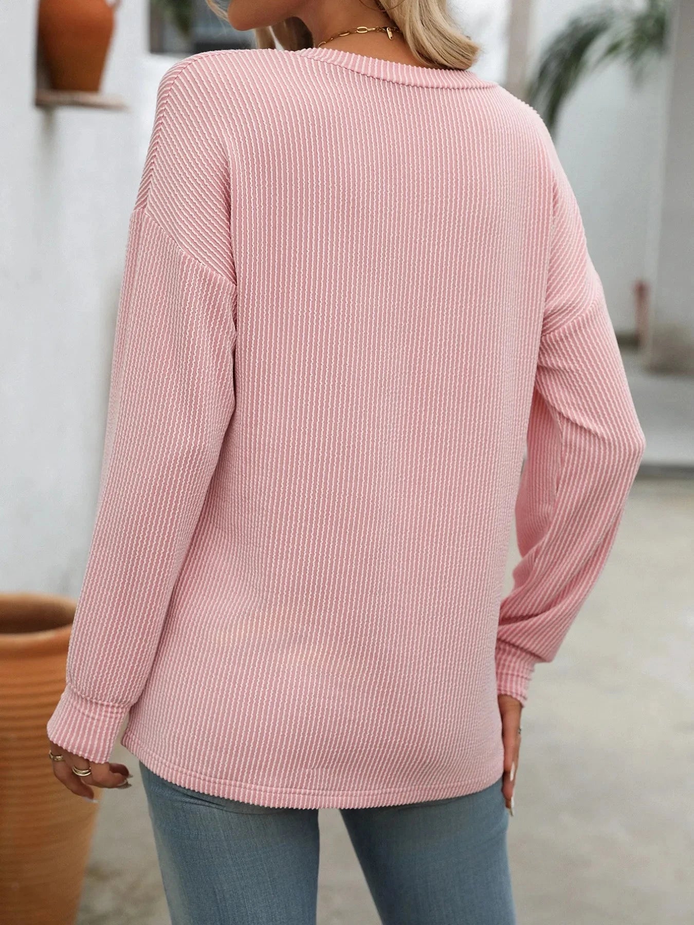 Ribbed V-Neck Long Sleeve T-Shirt