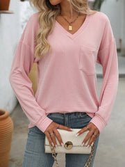 Ribbed V-Neck Long Sleeve T-Shirt