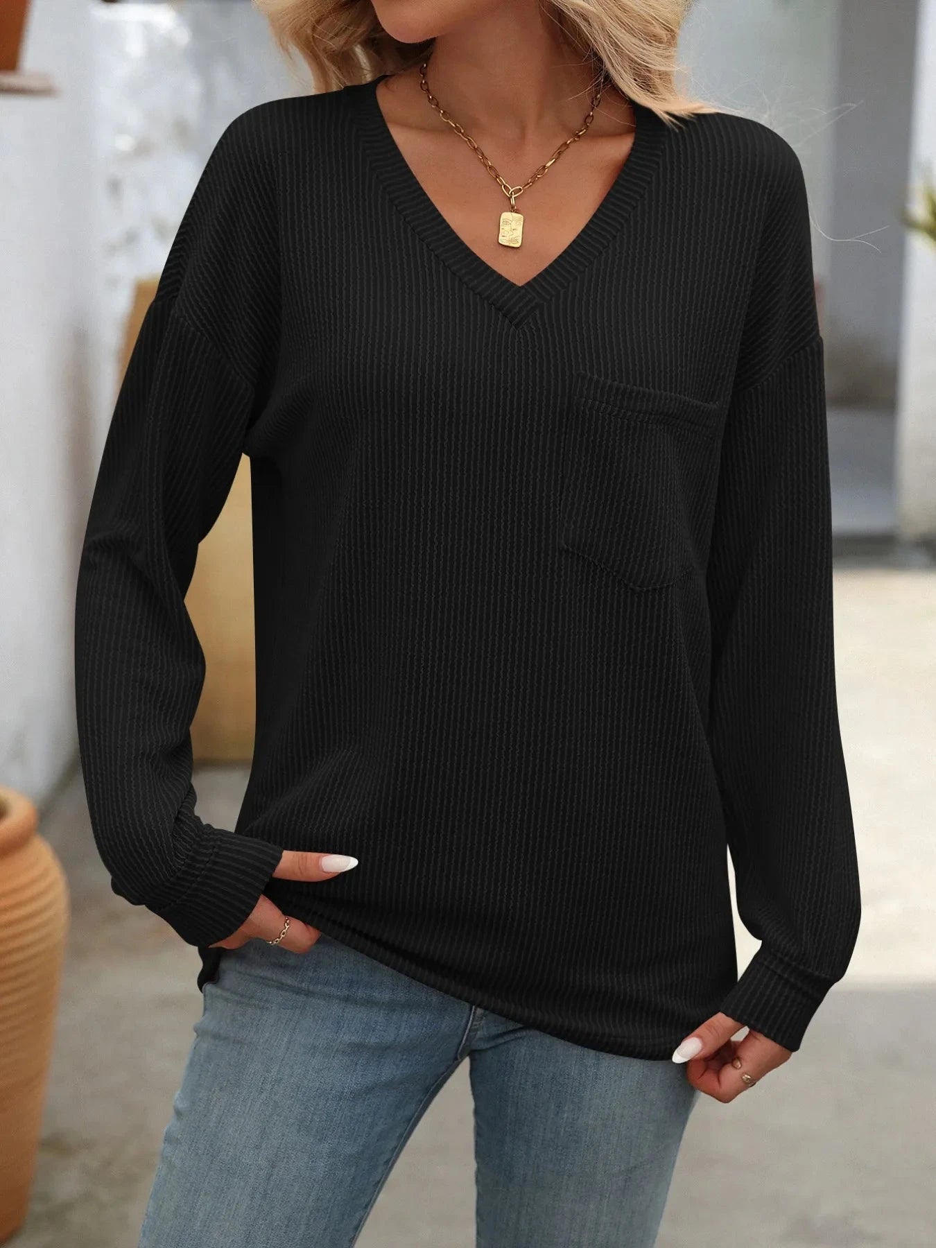 Ribbed V-Neck Long Sleeve T-Shirt
