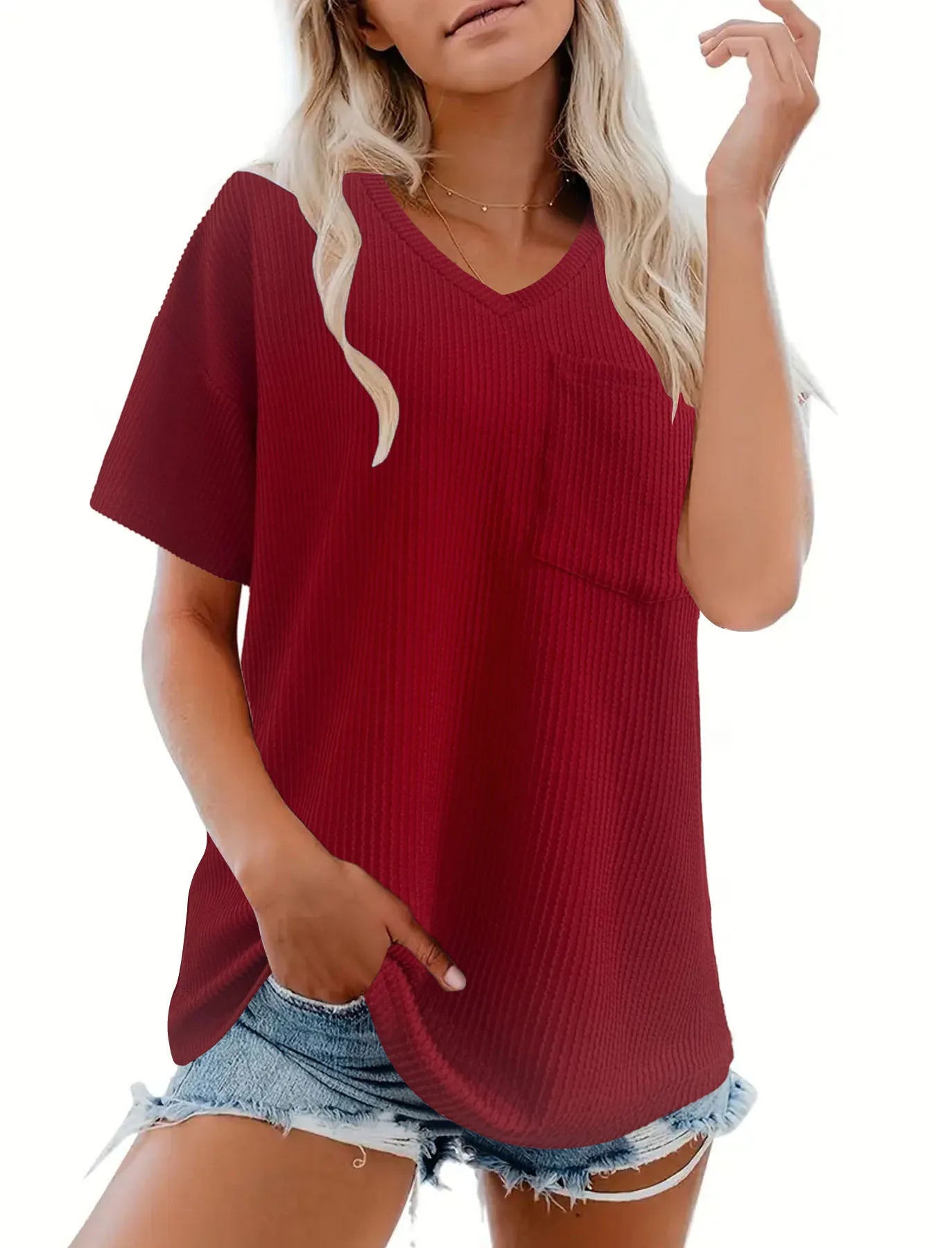 Ribbed V-Neck Oversized T-Shirt