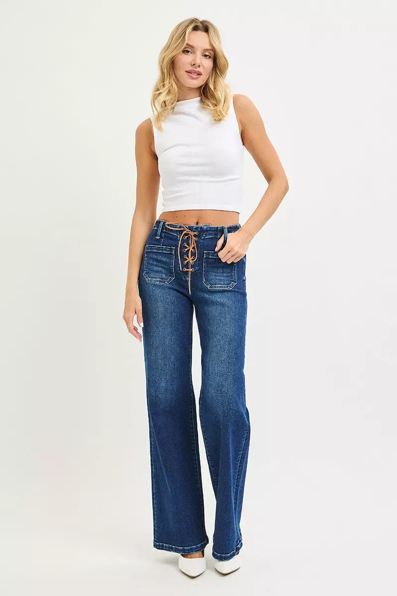RISEN Full Size High Rise Wide Leg Jeans with Front Tie Detail Plus Size
