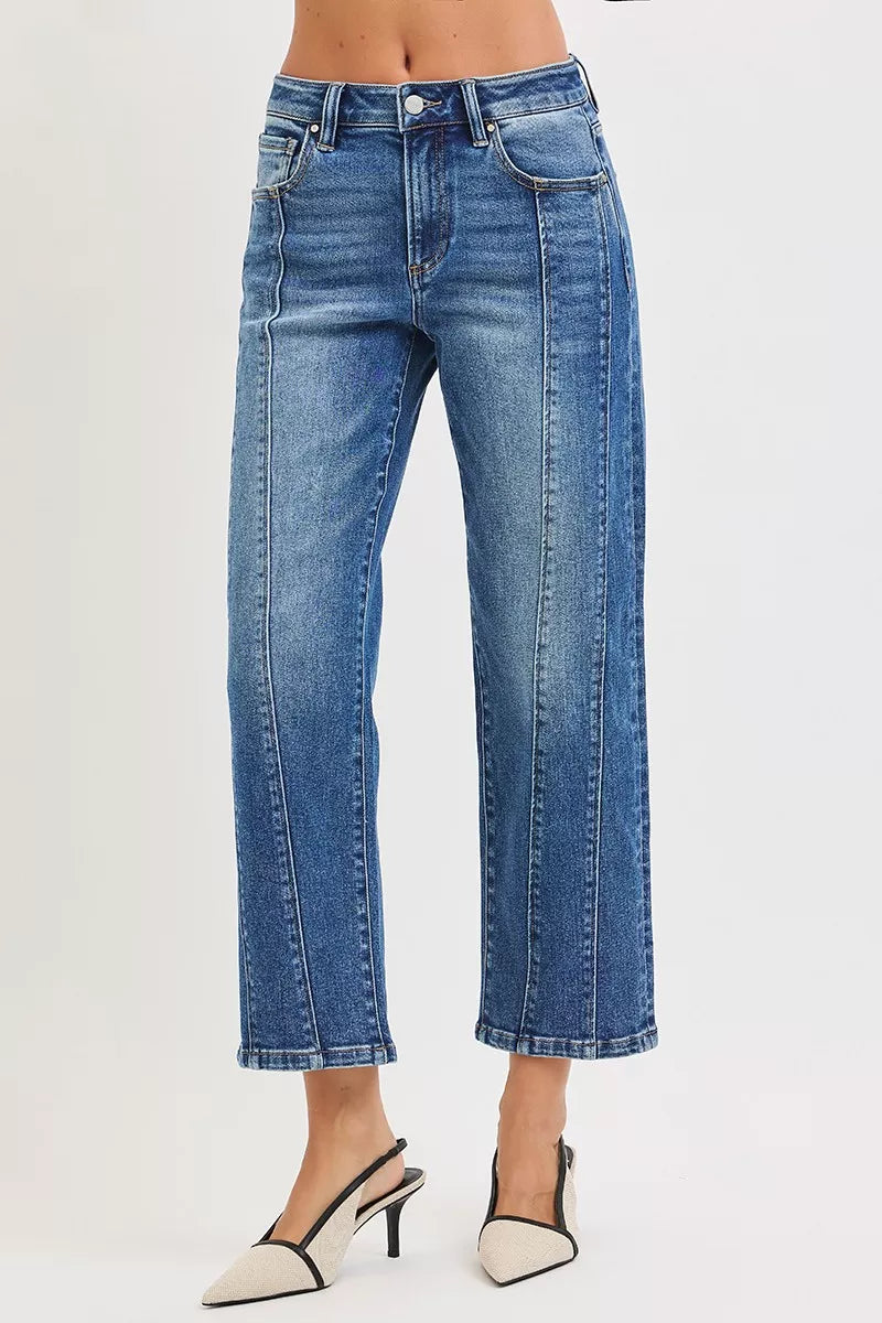 RISEN High Rise Crop Straight Jeans DARK / 0