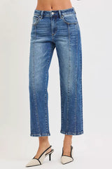 RISEN High Rise Crop Straight Jeans DARK / 0