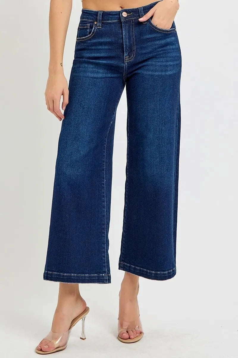 RISEN High Rise Crop Wide Jeans DARK / 0