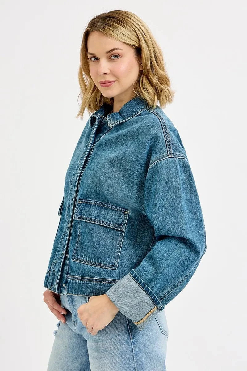 RISEN Oversized Cargo Pocket Denim Jacket with Cuffed Sleeves