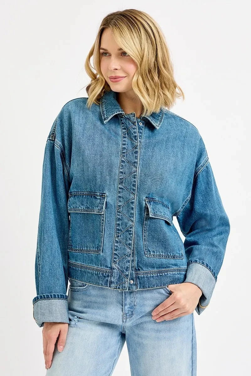 RISEN Oversized Cargo Pocket Denim Jacket with Cuffed Sleeves