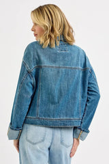 RISEN Oversized Cargo Pocket Denim Jacket with Cuffed Sleeves