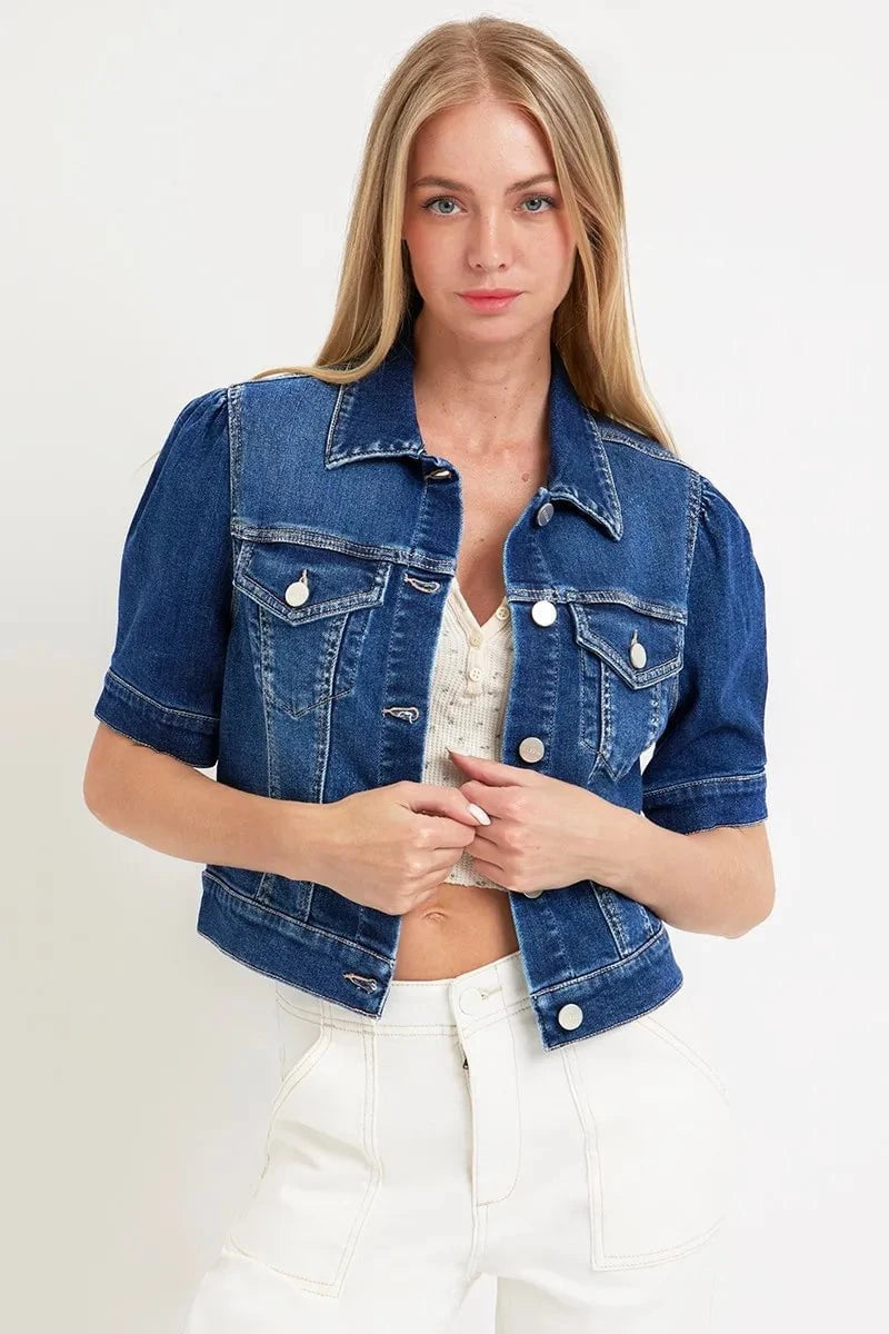 RISEN Puffed Short Sleeve Crop Denim Jackets DARK / S
