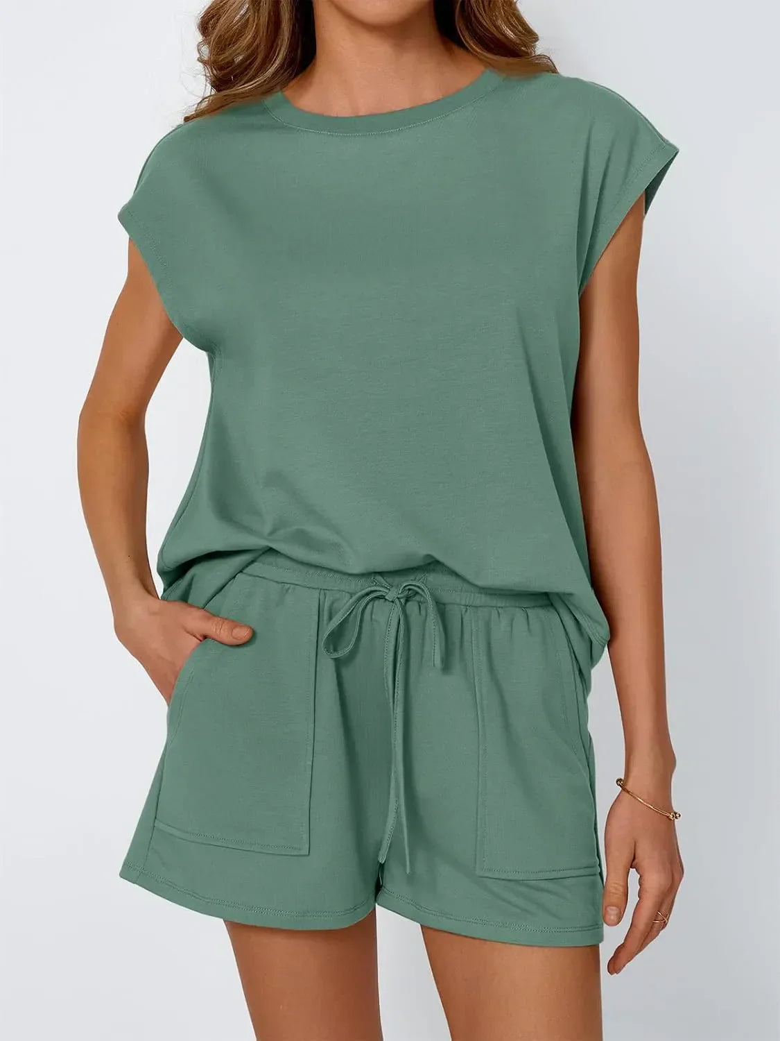 Round Neck Cap Sleeve Top and Shorts Set Air Force Blue / S