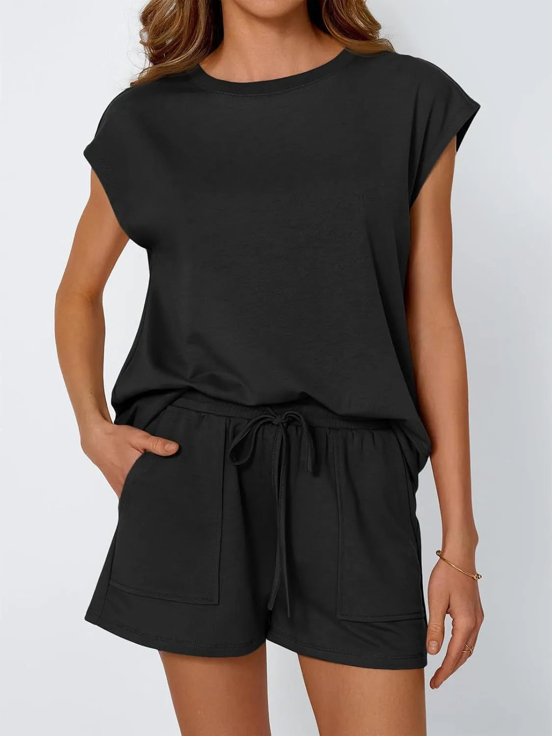 Round Neck Cap Sleeve Top and Shorts Set Black / S