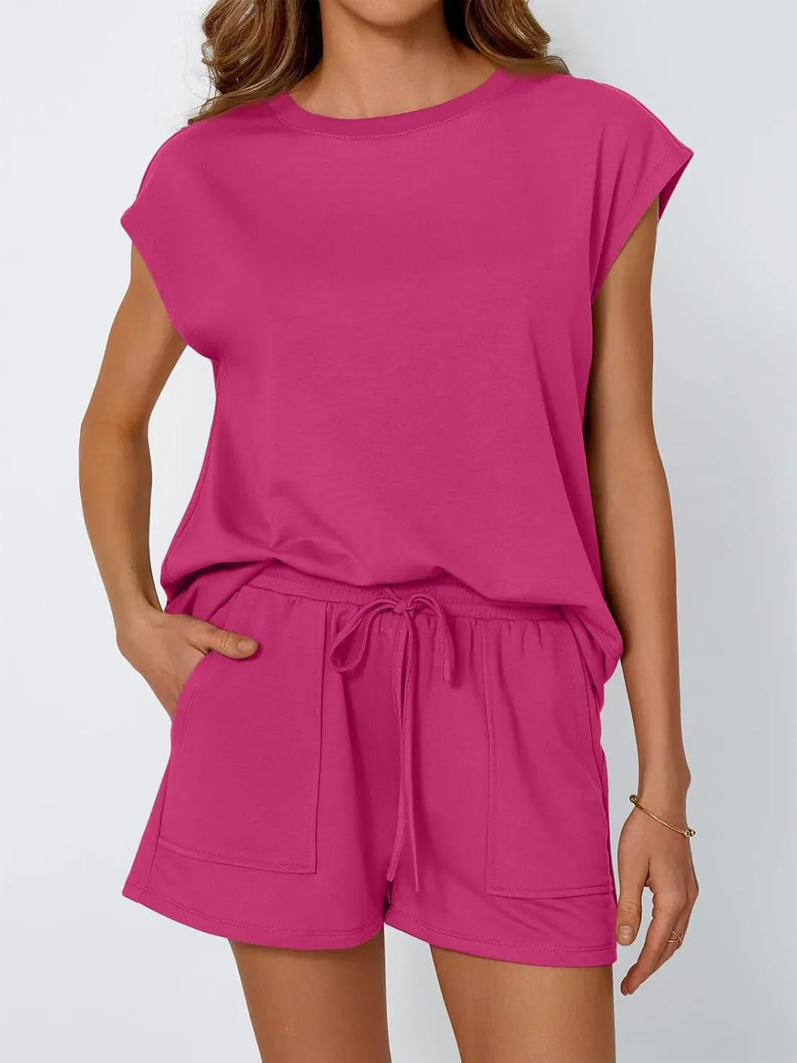 Round Neck Cap Sleeve Top and Shorts Set Fuchsia Pink / S