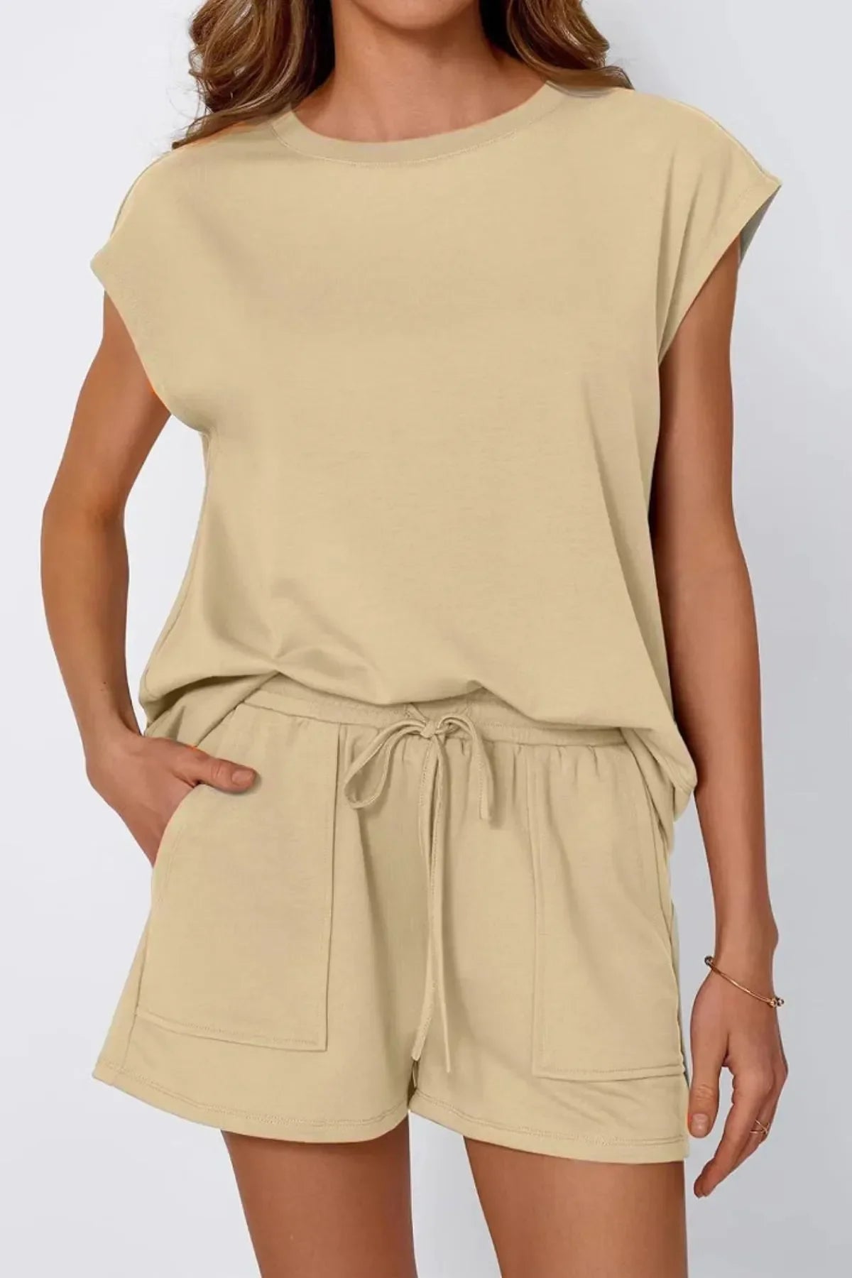 Round Neck Cap Sleeve Top and Shorts Set Khaki / S