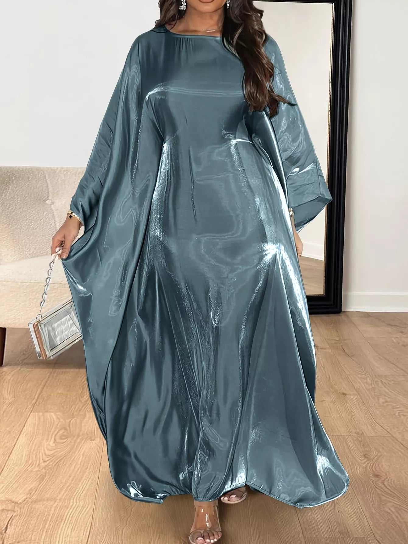 Round Neck Kimono Sleeve Maxi Dress Deep Teal / One Size