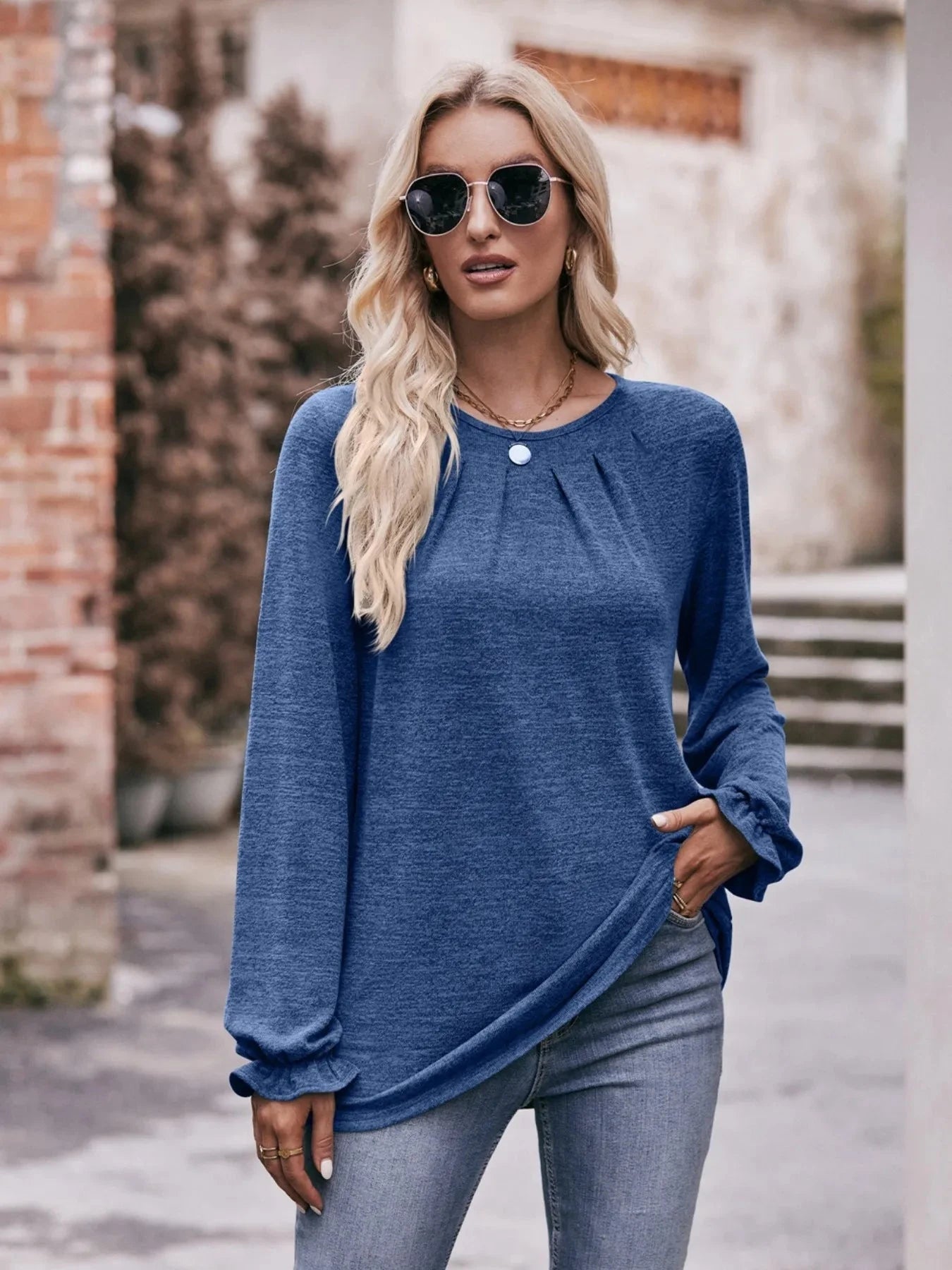 Round Neck Long Sleeve Casual T-Shirt Indigo / S