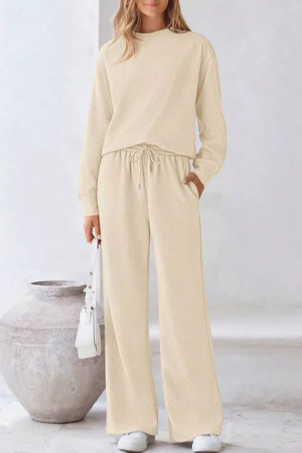 Round Neck Long Sleeve Top and Pants Set Apricot / S