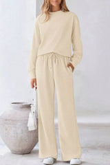 Round Neck Long Sleeve Top and Pants Set Apricot / S