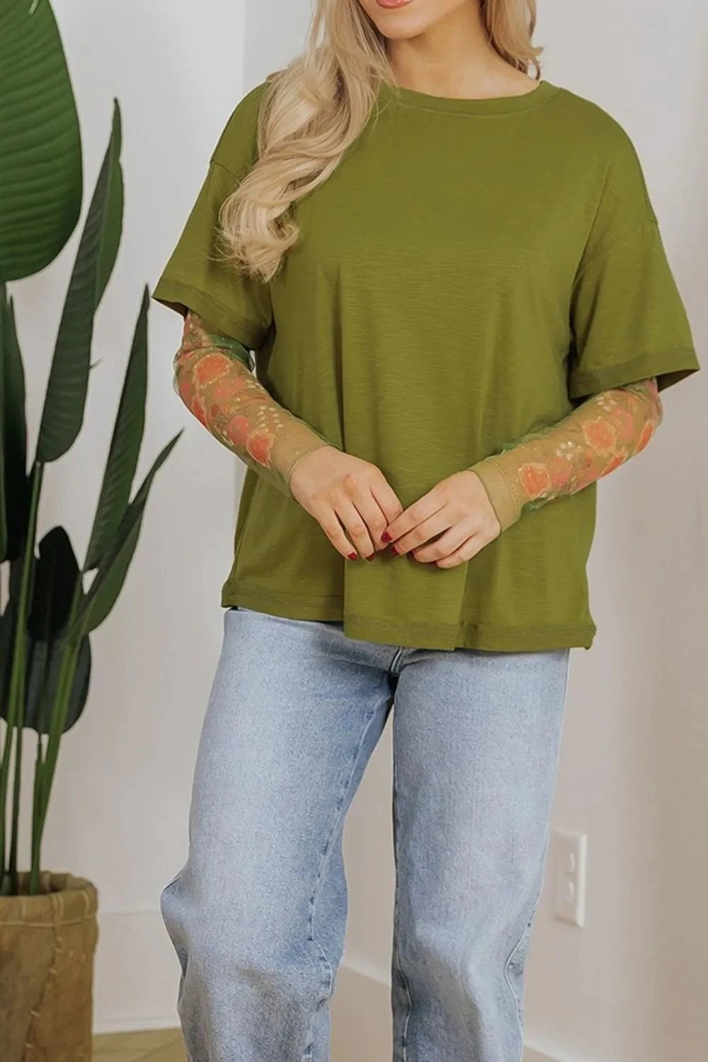 Round Neck Mesh Long Sleeve T-Shirt