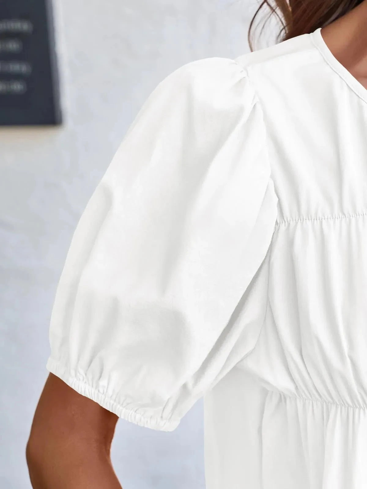 Round Neck Puff Sleeve Tiered Blouse