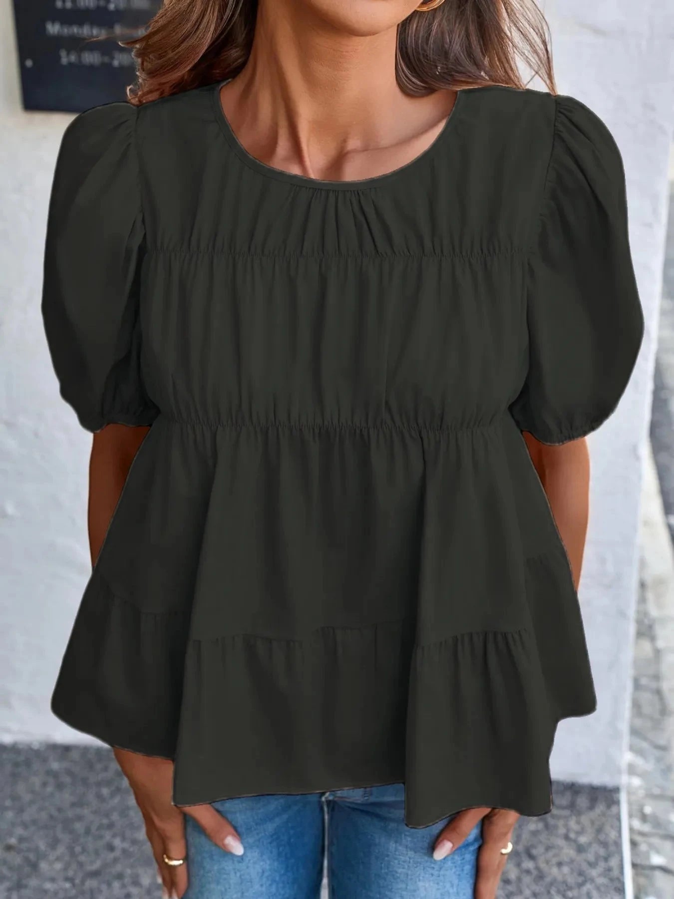 Round Neck Puff Sleeve Tiered Blouse Black / S