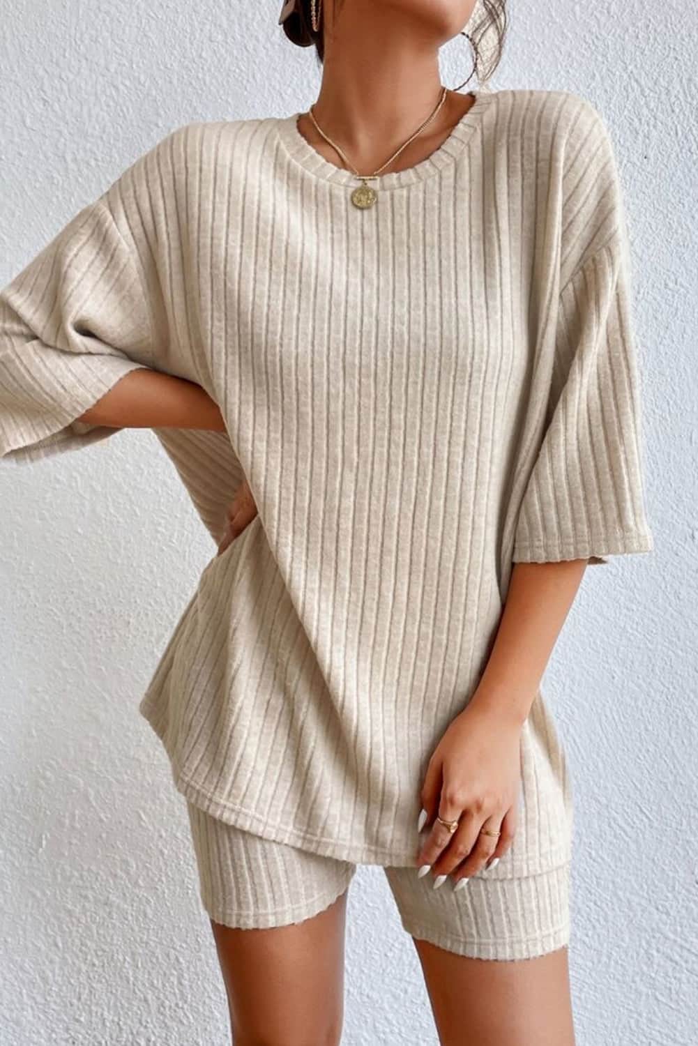 Round Neck Ribbed Top and Shorts Lounge Set Sand / S