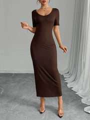 Round Neck Short Sleeve Bodycon Midi Dress