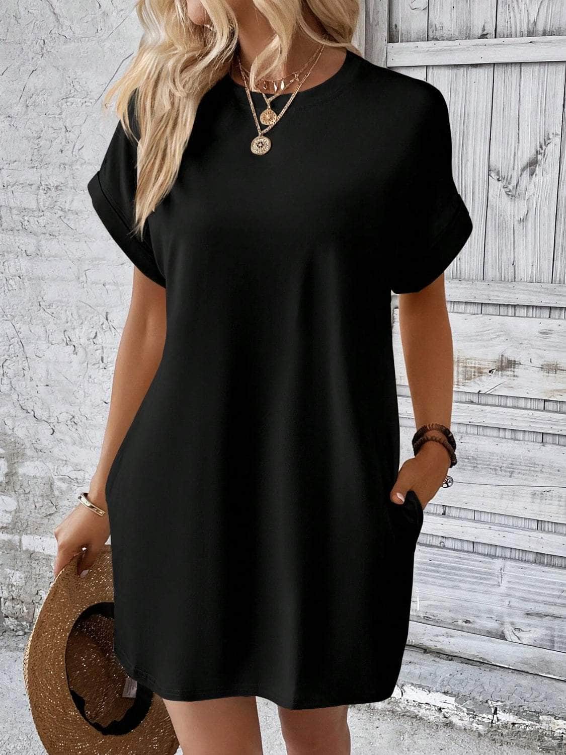 Round Neck Short Sleeve Mini Dress Black / S