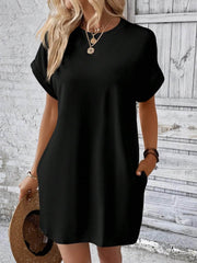 Round Neck Short Sleeve Mini Dress Black / S