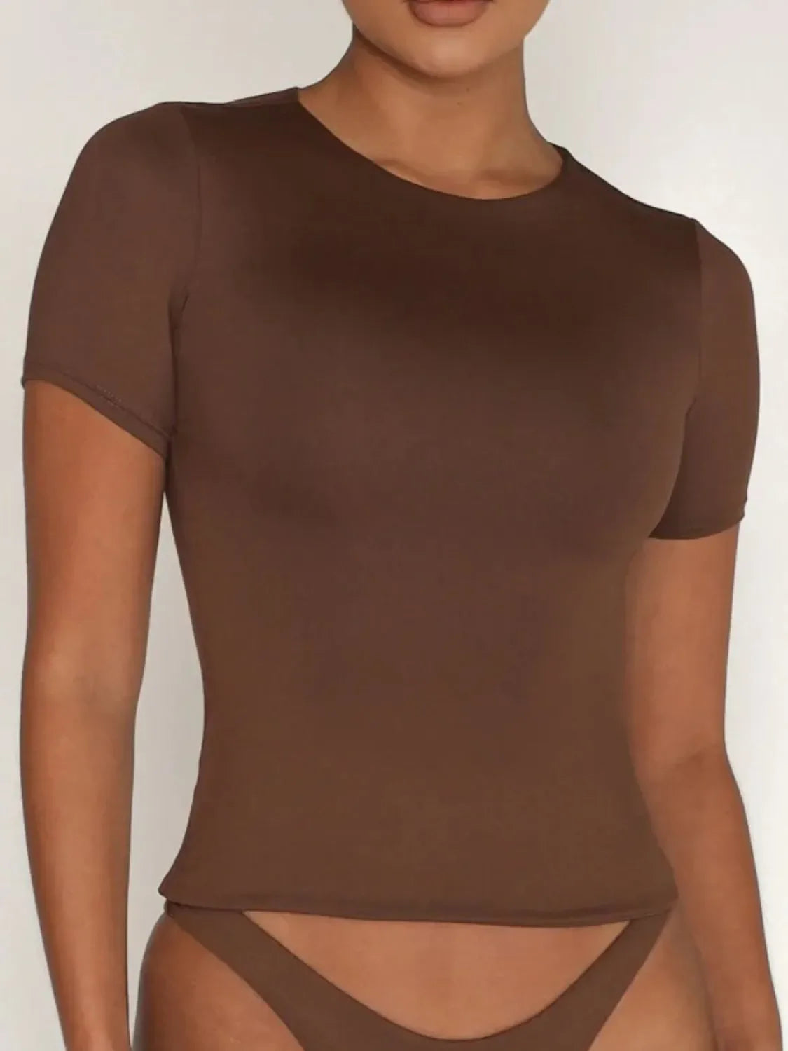 Round Neck Short Sleeve Swim Top Brown / S