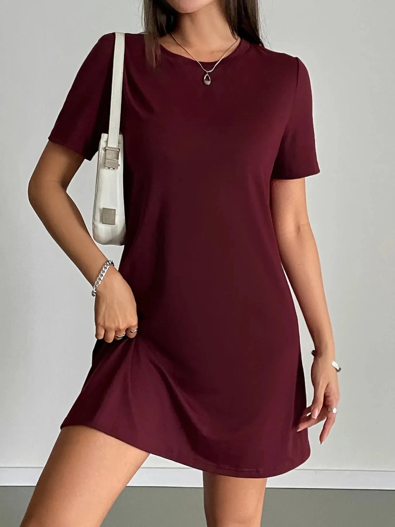 Round Neck Short Sleeve T-Shirt Dress Burgundy / S
