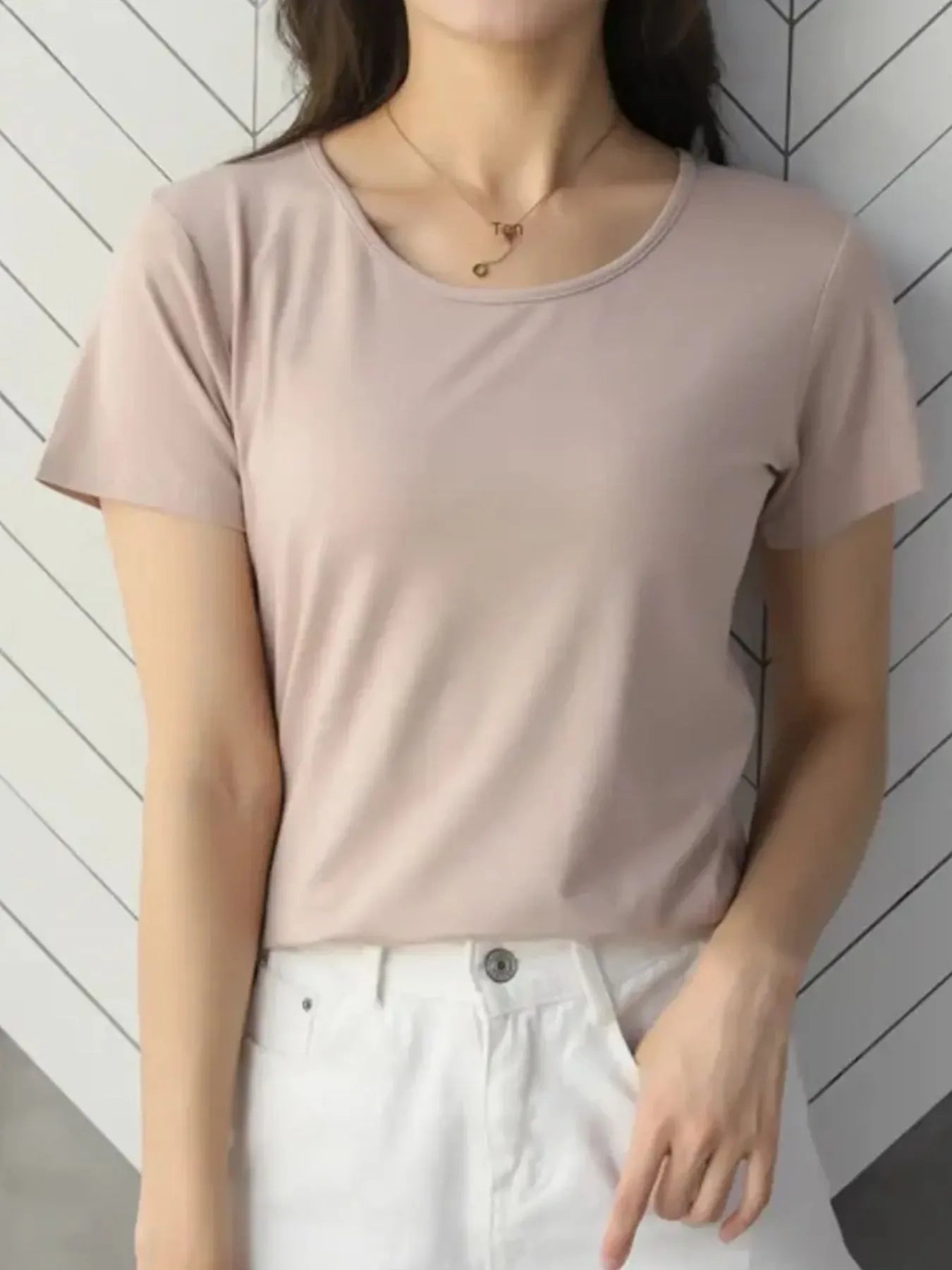 Round Neck Short Sleeve T-Shirt Pale Blush / M