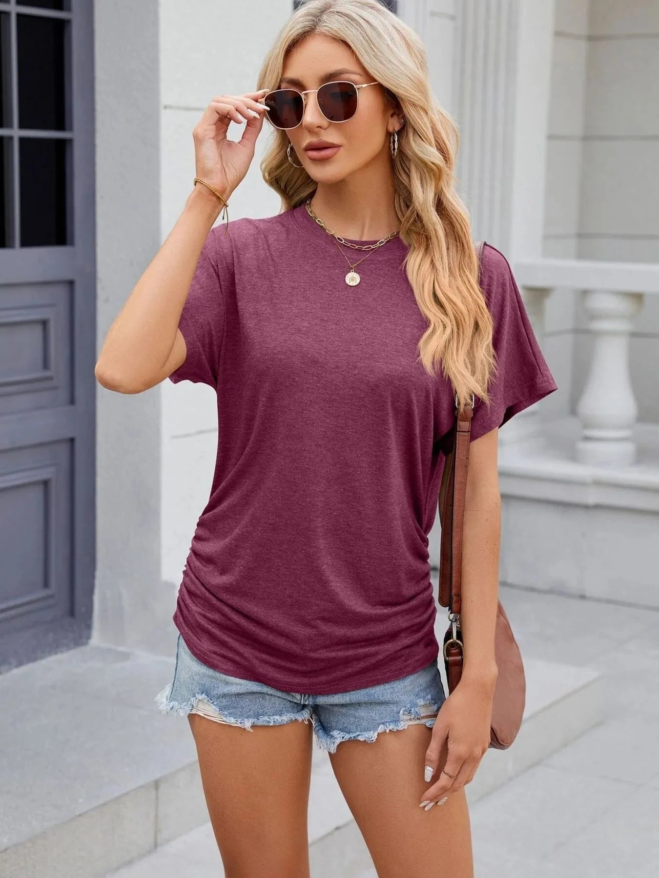 Round Neck Short Sleeve T-Shirt Wine Red / S